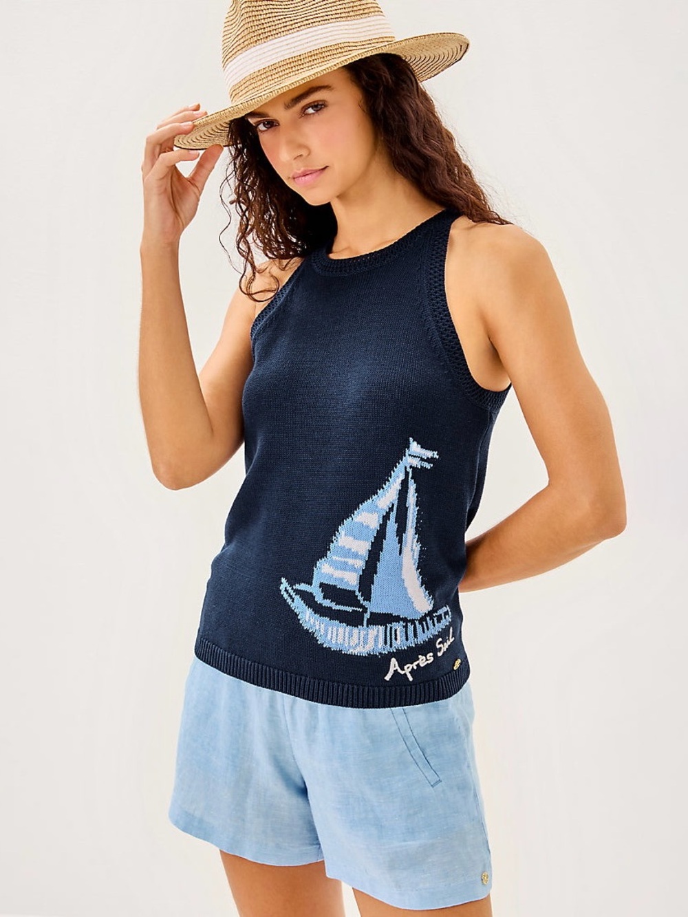 Lilly Pulitzer Emra Cotton Sweater Tank Low Tide Apres Sail Sailboat Size XL
